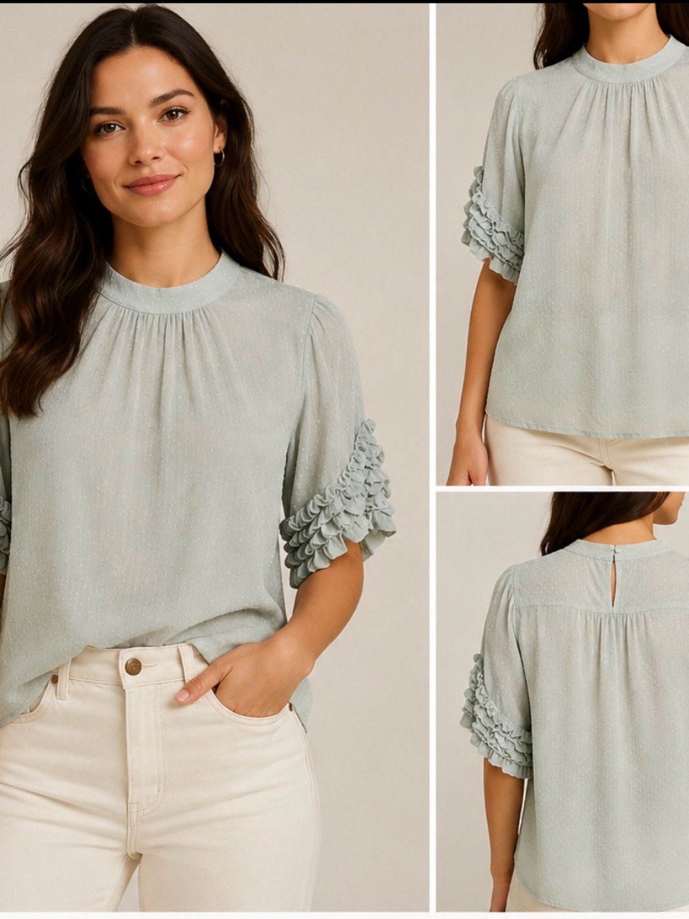 NWT. Anthropologie Current Air Swiss Dot Ruffle Sleeve Blouse in Sage Green